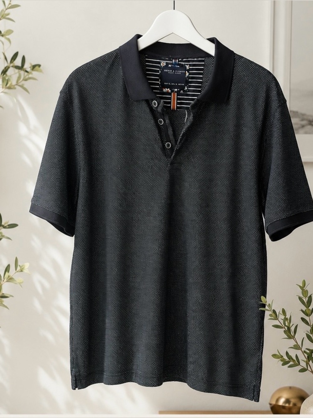 Denim & Flower by Ricky Singh Men’s Black Micro-Dot Polo Golf Shirt XL